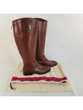 Tory Burch Adeline Riding Boots READ Brown Leather SIZE 6.5 M Dust Bag Zip Back